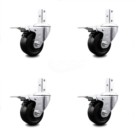 Service Caster 3 Inch Soft Rubber Wheel Swivel 3/4 Inch Square Stem Caster Set Total Lock Brake SCC-SQTTL20S314-SRS-34-4